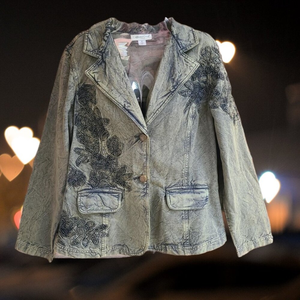 Coldwater Creek Olive Green Rust Acid Wash Embroidered Blazer Jacket Size 10